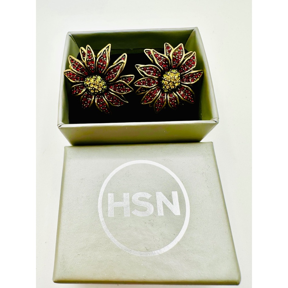 Heidi Daus Poinsettia Crystal Flower Earrings Bronze Tone Red Yellow Statement